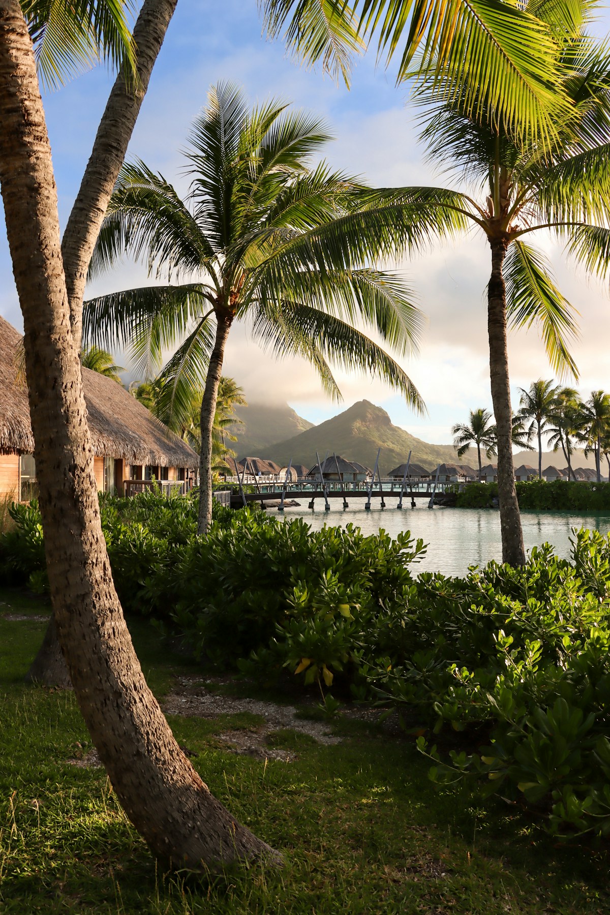 Overwater bungalows and Mount Otemanu in Bora Bora, French Polynesia